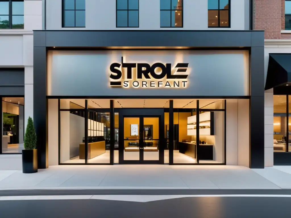 Tienda moderna y elegante con influencia del branding en compra, diseño minimalista, grandes ventanales y logo llamativo en la fachada