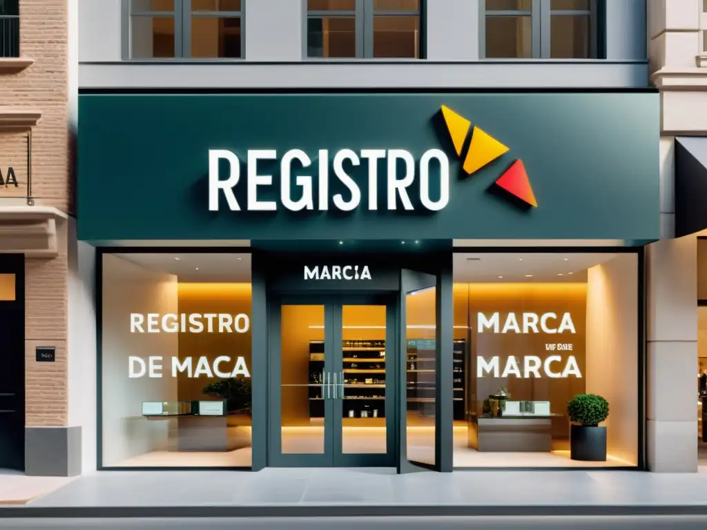 Tienda moderna con letrero 'Registro de Marca para Comercio Electrónico', reflejando profesionalismo y éxito en el ecommerce