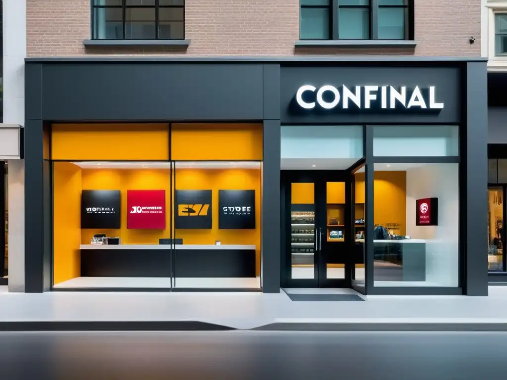 Una tienda moderna con un llamativo logo en la ventana, en medio de bulliciosas calles internacionales llenas de clientes diversos y comprometidos