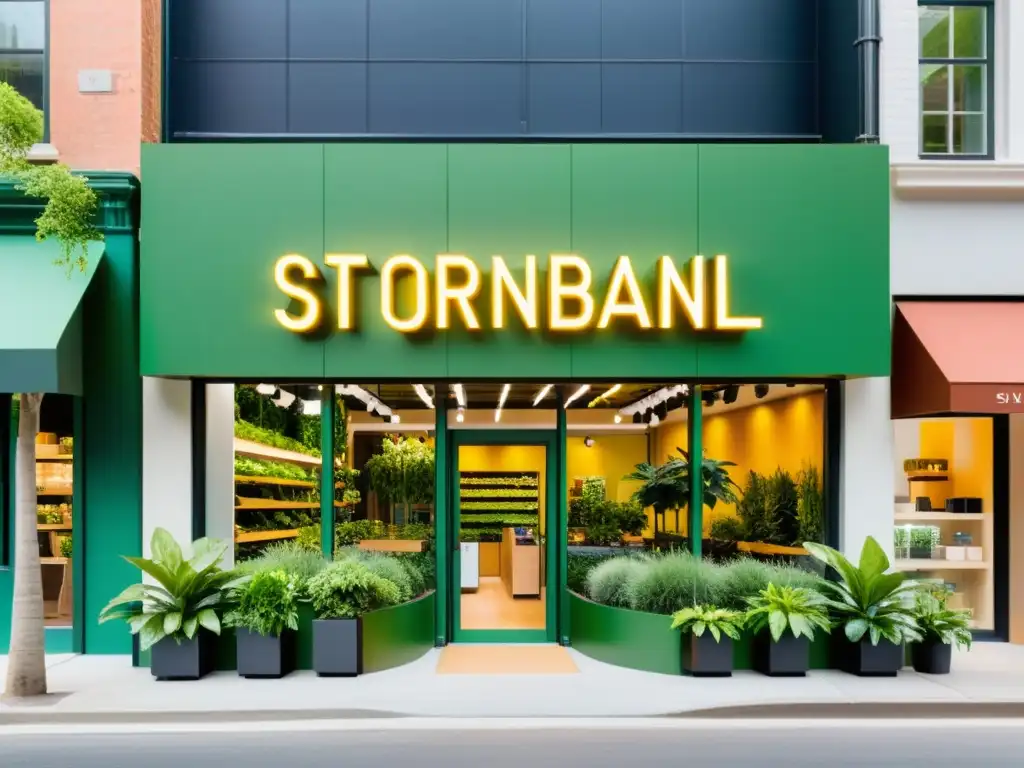 Una tienda moderna de marca sostenible con plantas exuberantes y diseño ecoamigable