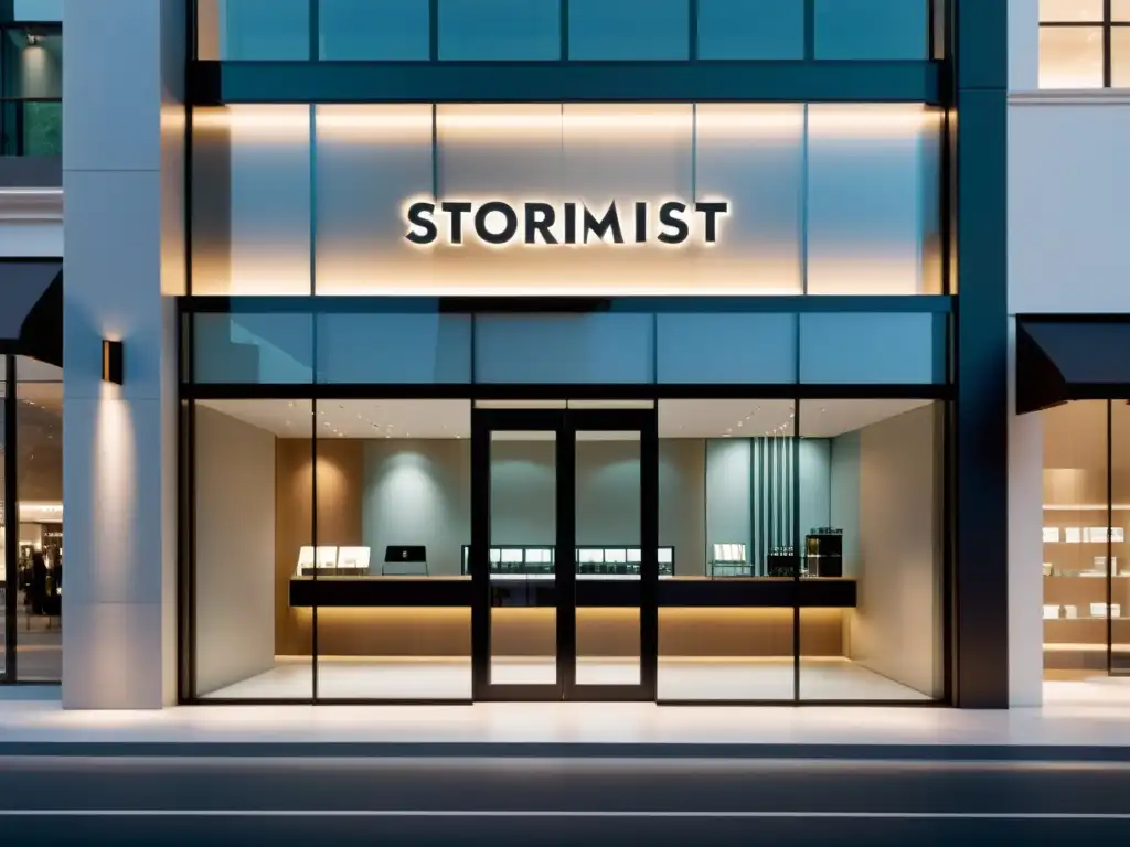 Una tienda moderna y minimalista con una fachada de vidrio, iluminación sutil y elementos de marca, capturando la influencia de la percepción de marca
