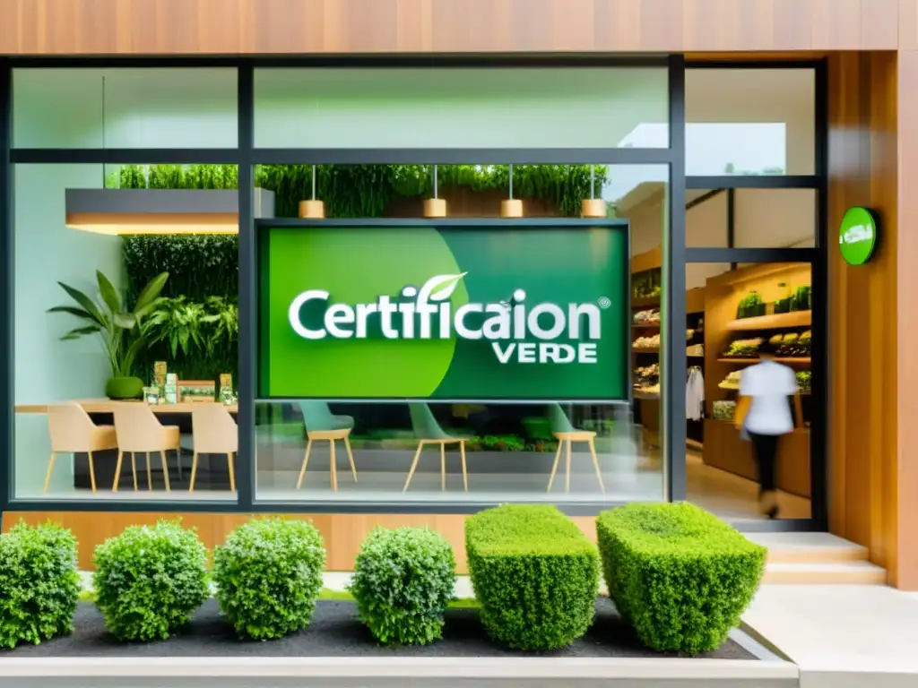 Tienda moderna con certificación verde, clientes felices llevan bolsas ecológicas
