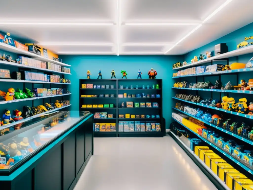 Tienda de videojuegos: Coleccionables exclusivos y ambiente vibrante Una tienda de productos de videojuegos moderna y vibrante, llena de mercancía colorida y clientes emocionados
