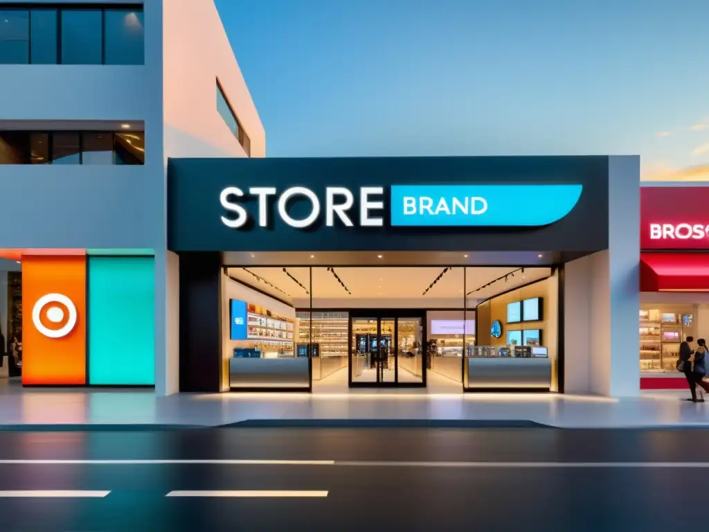 Una tienda virtual moderna y vibrante con una marca prominente en pantalla LED, clientes digitales y transacciones fluidas