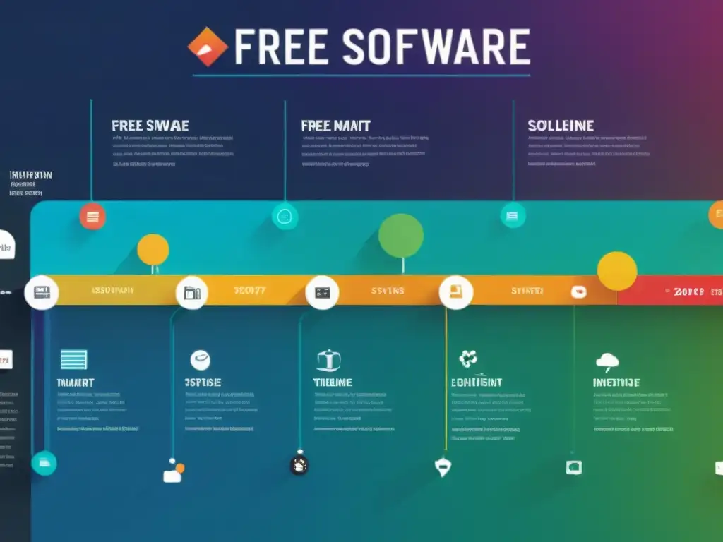 Un timeline detallado muestra la historia y evolución del software libre y propiedad intelectual, con colores vibrantes y elementos visuales dinámicos