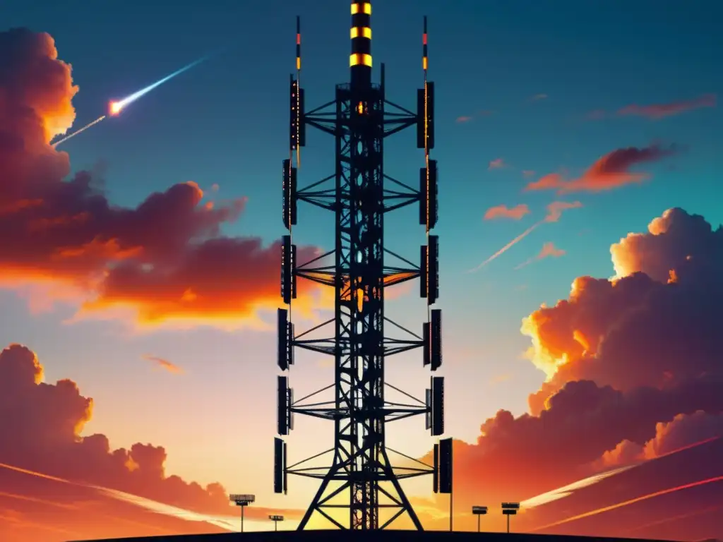 Una torre de telecomunicaciones futurista se alza contra un cielo vibrante al atardecer, transmitiendo una sensación de innovación tecnológica