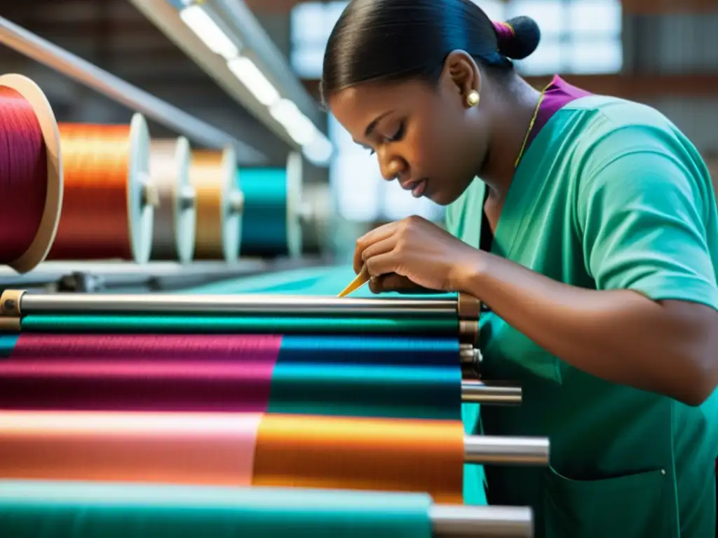 Un trabajador de fábrica inspecciona con cuidado una tela vibrante y elaborada, mostrando la artesanía de la producción textil