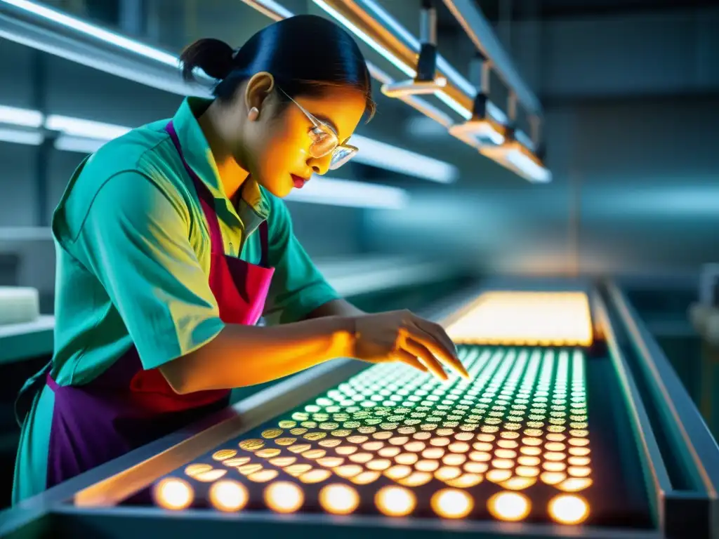 Trabajador de fábrica inspeccionando con precisión patrones textiles bajo moderna iluminación LED, resaltando la destreza en la industria textil