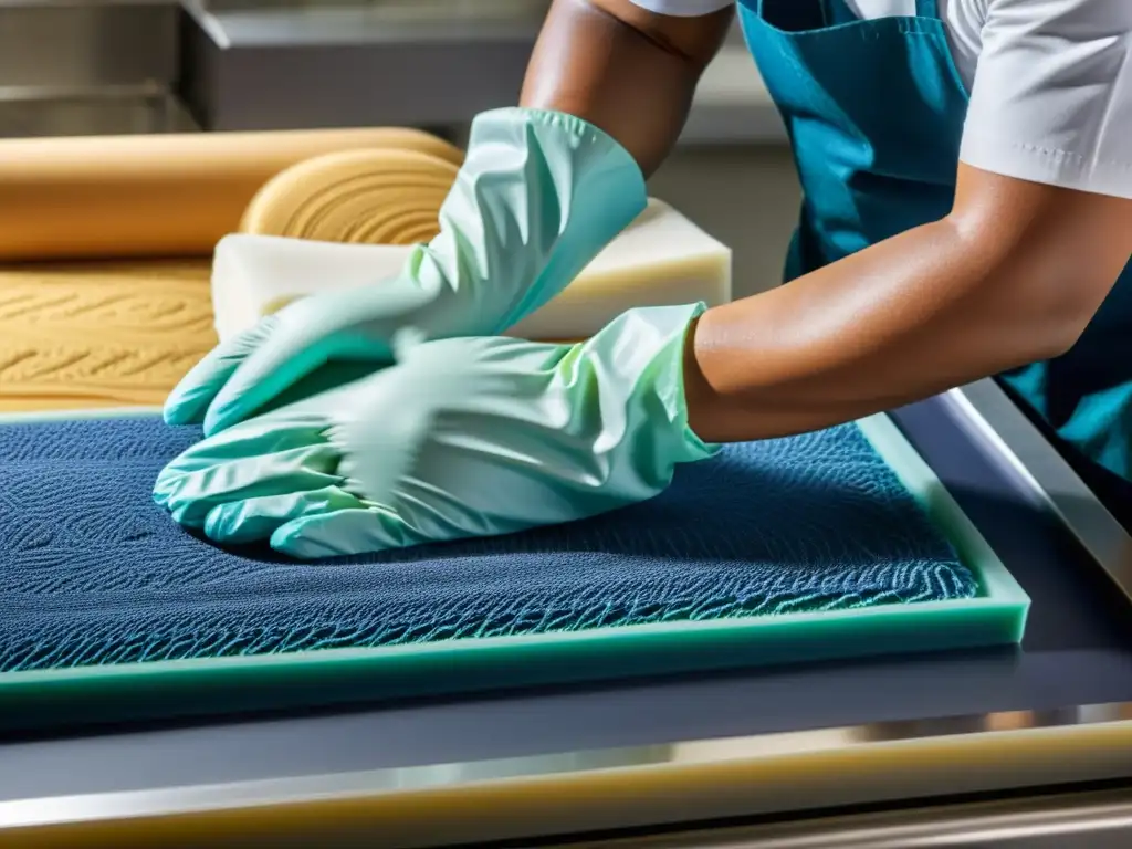 Un trabajador de la industria textil aplica con cuidado una capa protectora a un molde de patrón textil