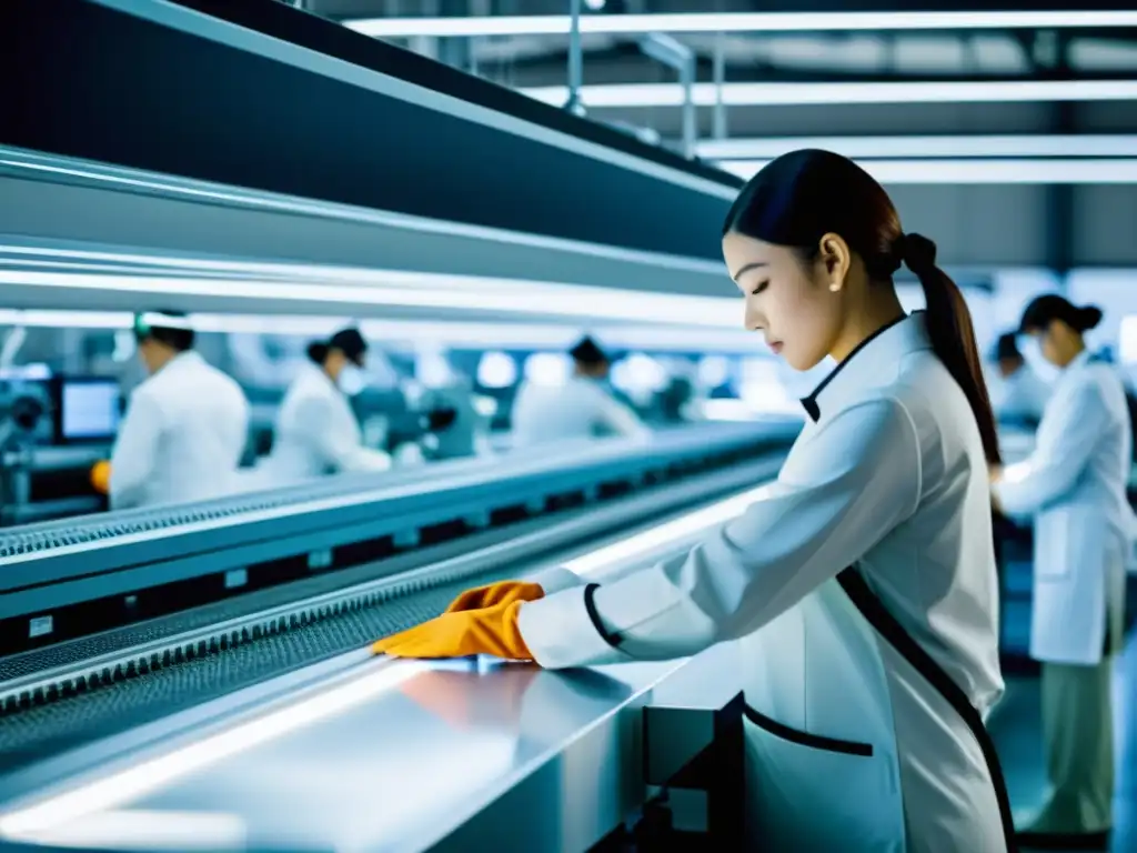 Fabricación de Ropa Moderna: Innovación y Profesionalismo Trabajadores con atuendo profesional usan maquinaria de vanguardia en una moderna fábrica de ropa, destacando la protección de patentes en vestuario
