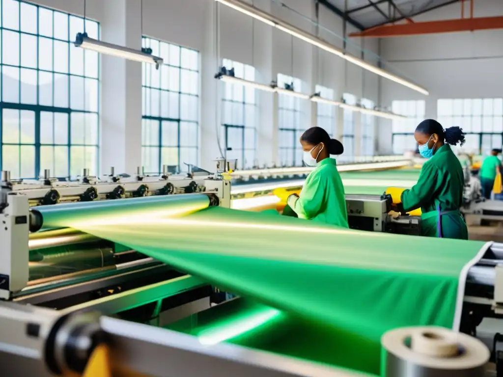 Trabajadores en una fábrica textil sostenible cumpliendo las normativas legales para moda sostenible con precisión y dedicación