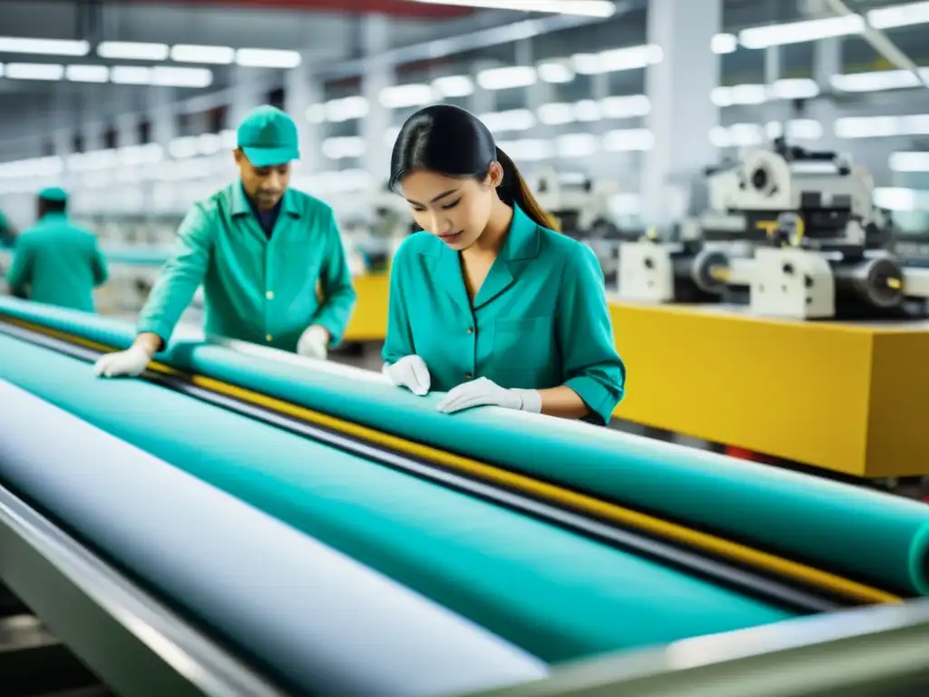 Trabajadores inspeccionando patrones y moldes en fábrica textil, demostrando la protección en la industria textil