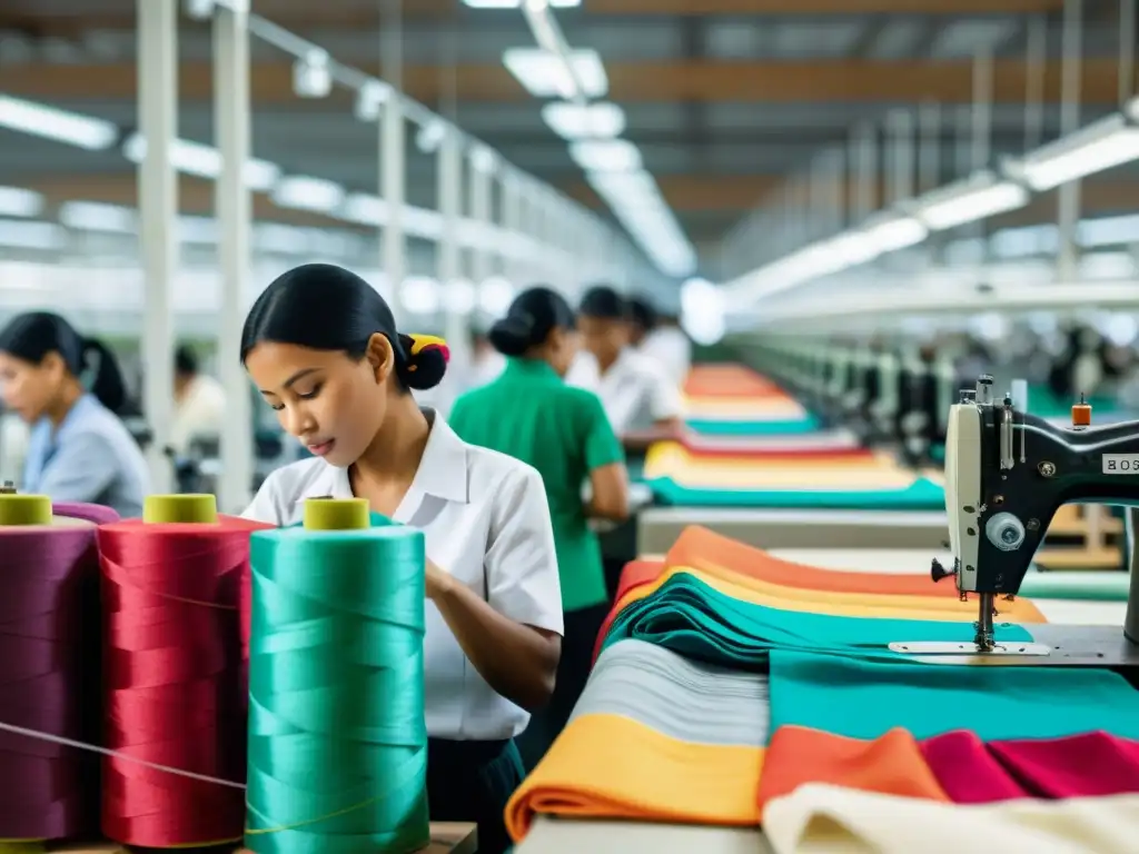 Trabajadores cosiendo telas coloridas en fábrica de moda, reflejando la fusión de artesanía tradicional y tecnología