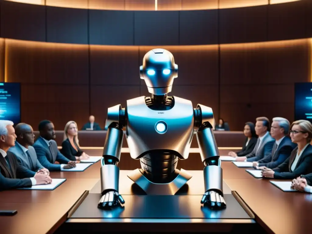 Un tribunal del futuro con un robot testificando, rodeado de abogados y jueces