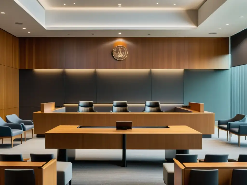 Un tribunal moderno con diseño minimalista, bañado en luz natural
