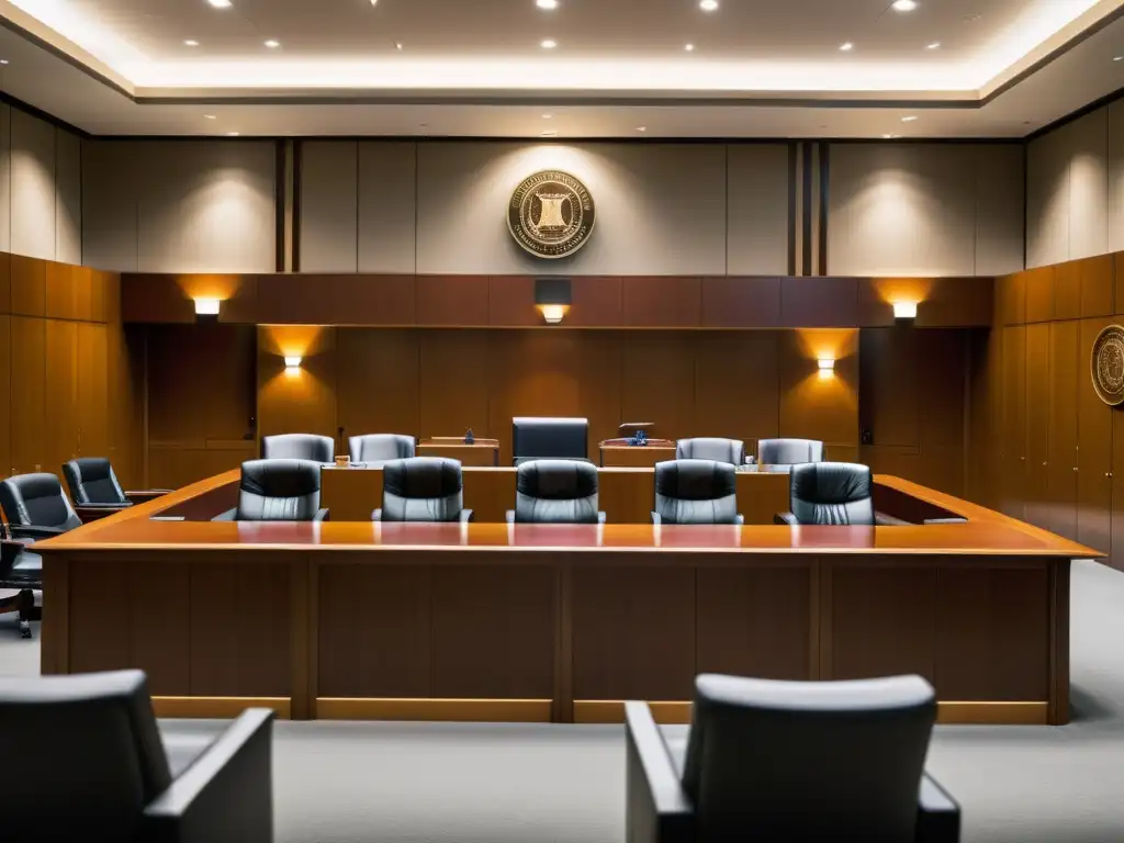 Un tribunal moderno con un juez y abogados en plena audiencia legal, transmitiendo profesionalismo, autoridad y el proceso legal de manera impactante