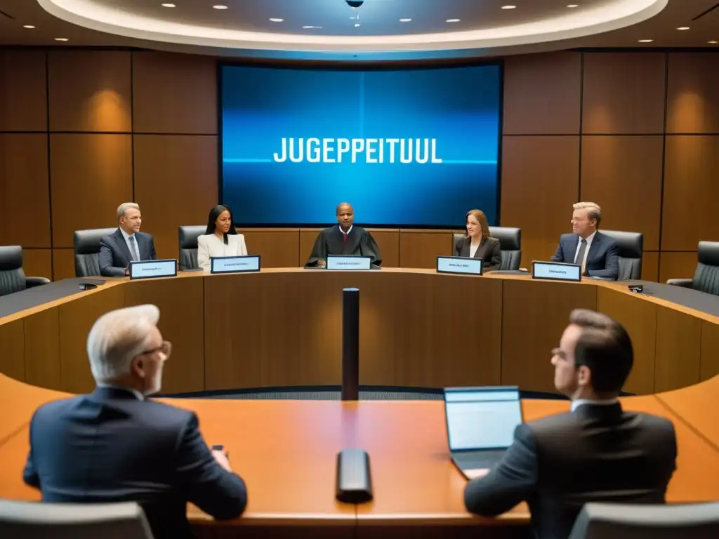 En un tribunal moderno, el juez preside un caso sobre publicidad engañosa y propiedad intelectual