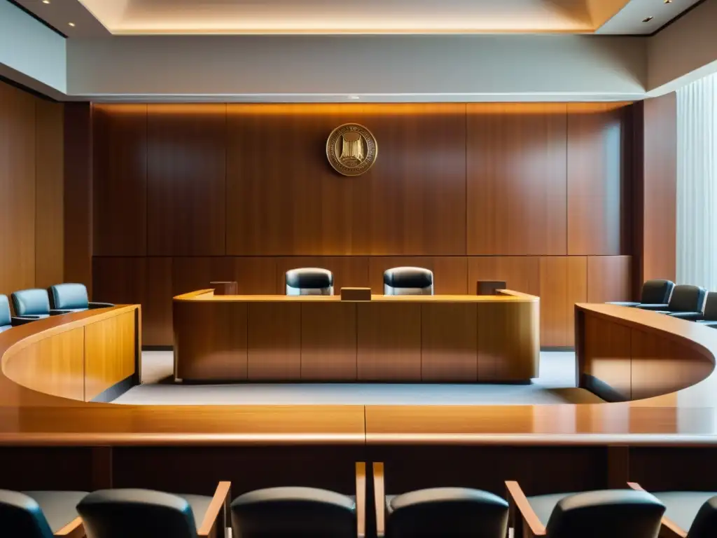 Un tribunal moderno y sereno con bancos de madera pulida, arte contemporáneo y luz natural