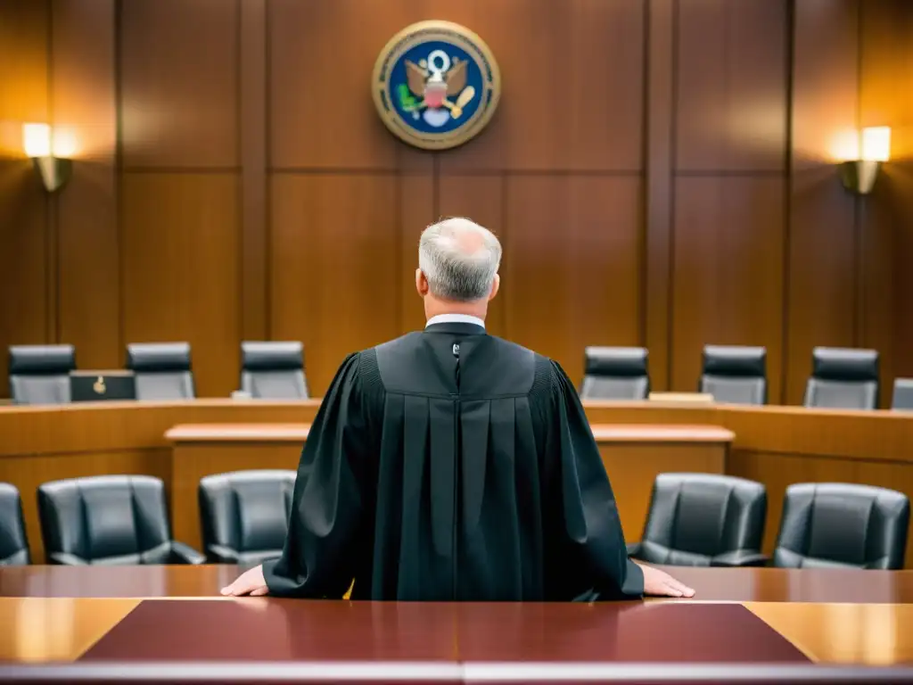 Un tribunal moderno y sofisticado, con un juez presidiendo un caso sobre el impacto de las bases de datos en la ley de propiedad intelectual