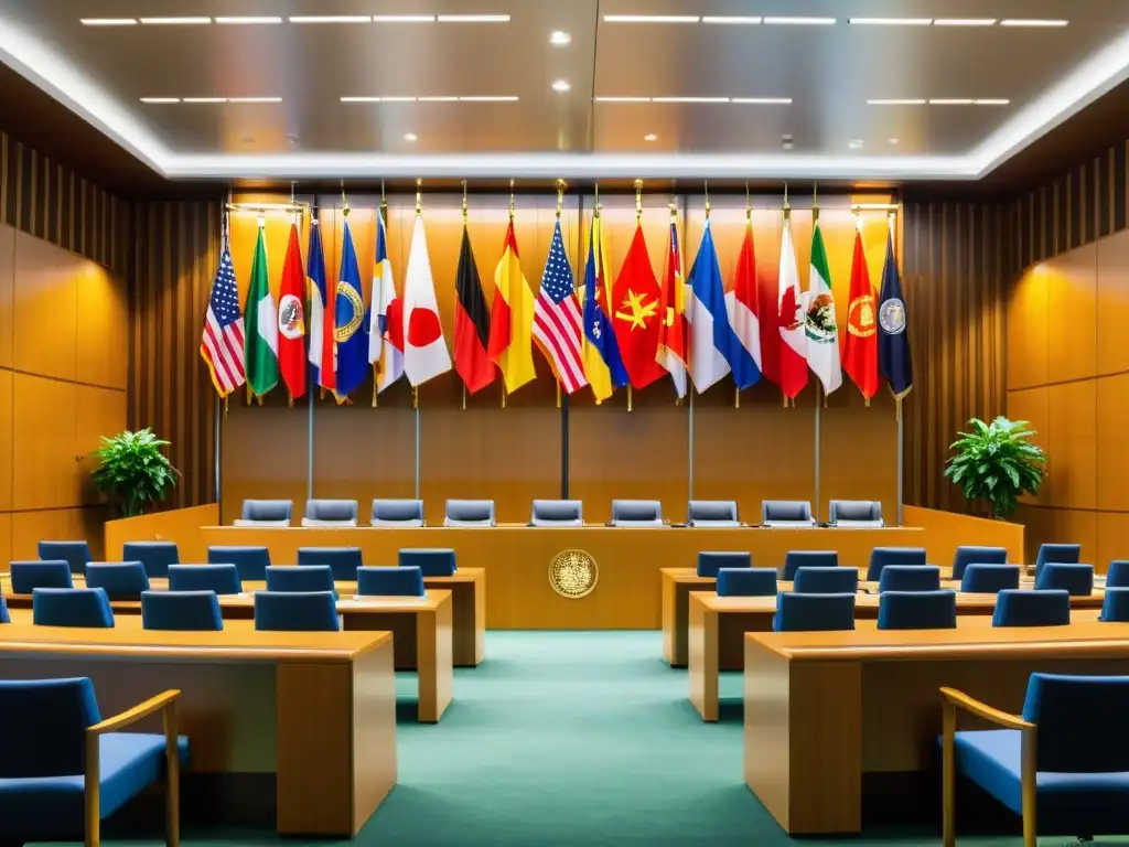 Un tribunal vibrante y moderno con banderas internacionales en las paredes, simbolizando la defensa de marcas en el extranjero