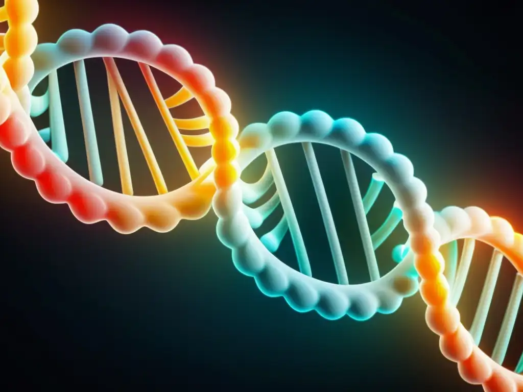 Una representación ultradetallada de la estructura de doble hélice del ADN en colores futuristas, evocando la era CRISPR