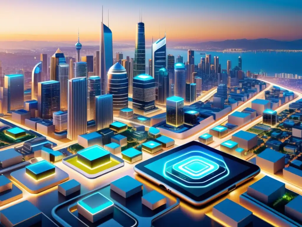 Futurista ciudad 8k con apps y propiedad intelectual Una ilustración ultradetallada en 8k de una futurista ciudad llena de dispositivos móviles interconectados, mostrando apps y contenido digital