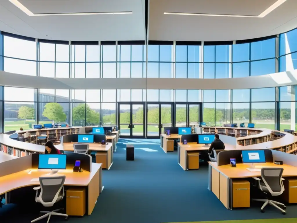 Universidad moderna con estudiantes estudiando en una biblioteca luminosa, representando la protección de los derechos de autor en la educación