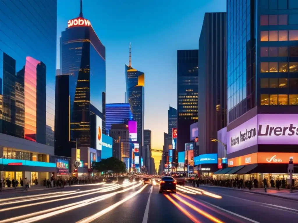 Intersección urbana al anochecer con rascacielos iluminados, luces de neón y siluetas de personas