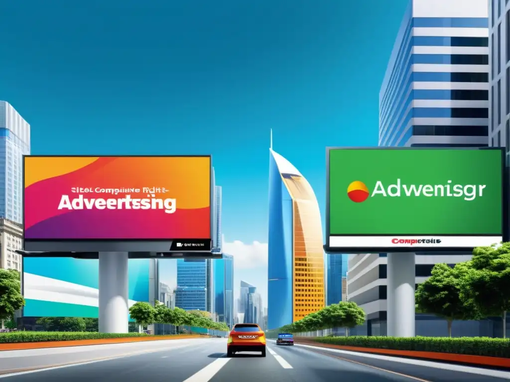 Dos vallas publicitarias compiten en un entorno de oficina moderna, representando la publicidad comparativa y la propiedad intelectual