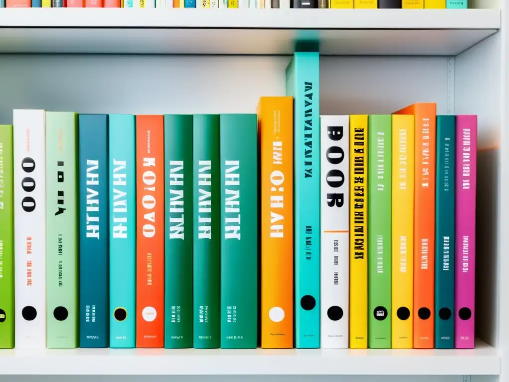 Una variedad de libros modernos con diseño llamativo y colores vibrantes en un estante blanco