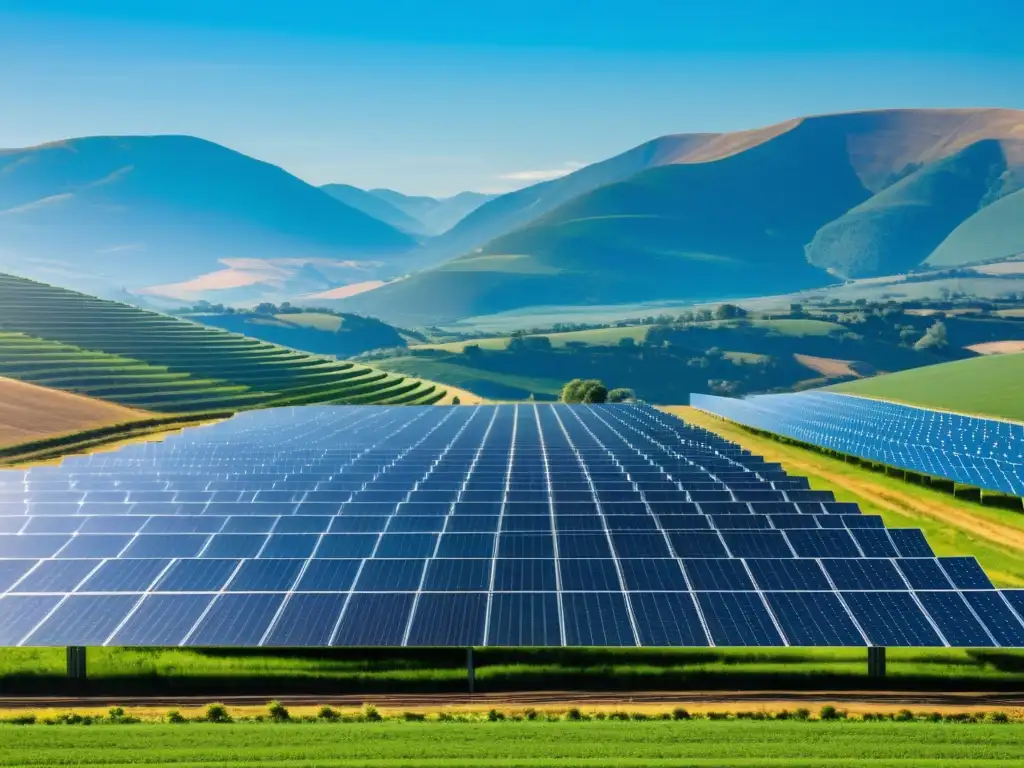 Un vasto campo de paneles solares de última generación se extiende sobre el horizonte, contrastando con el paisaje de colinas verdes y cielo azul