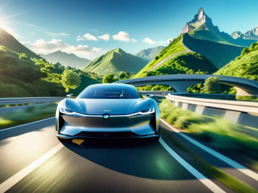 Vehículo autónomo en carretera rodeado de naturaleza, fusionando tecnología avanzada con belleza natural