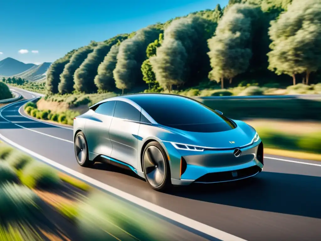 Un vehículo autónomo futurista circula en una carretera rodeado de exuberante naturaleza y cielo azul, patentando vehículos autónomos en carreteras