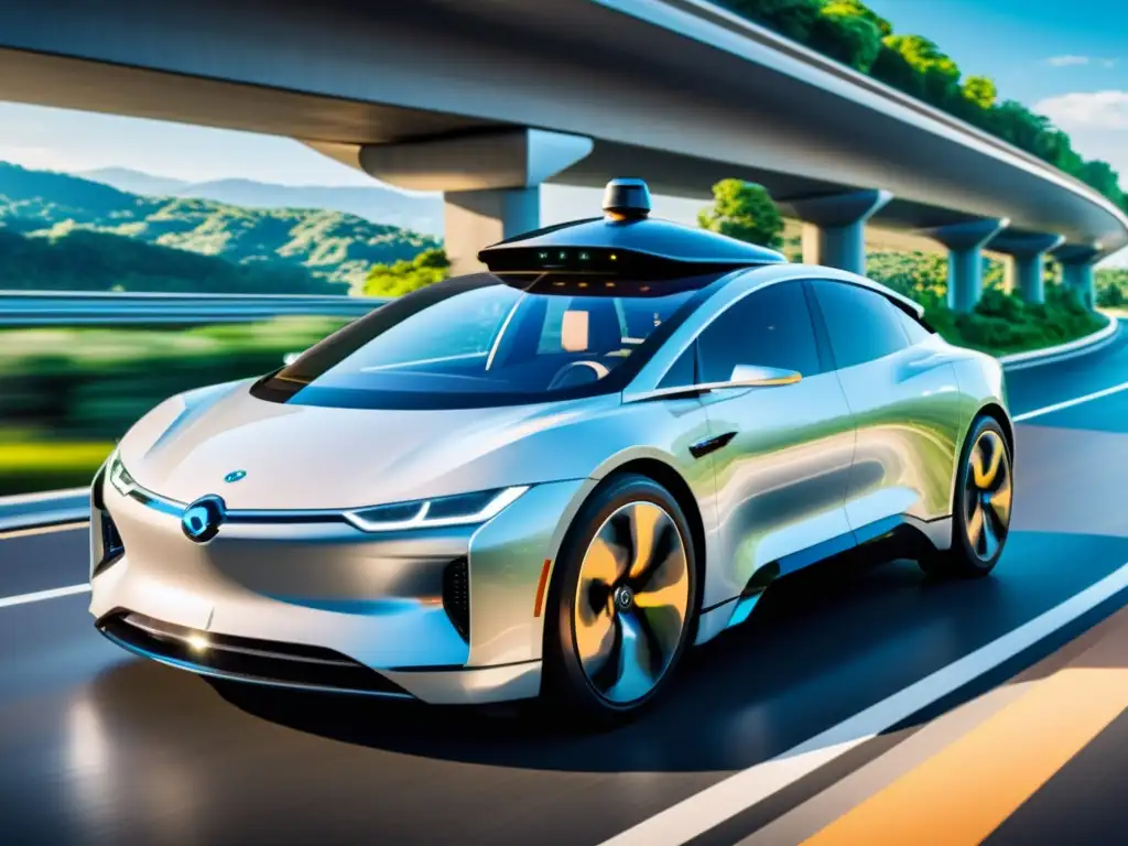 Un vehículo autónomo futurista recorre una carretera rodeada de exuberante vegetación y moderna infraestructura