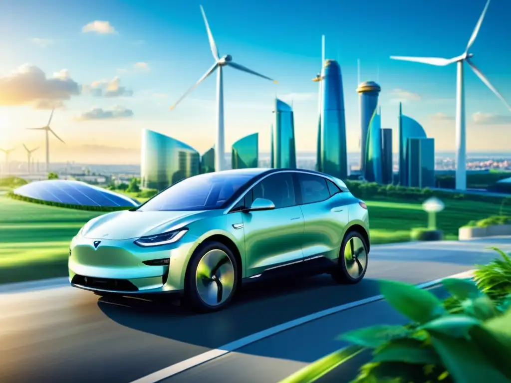Un vehículo eléctrico moderno recorre una ciudad futurista con energía renovable, patentar tecnología verde para marcas