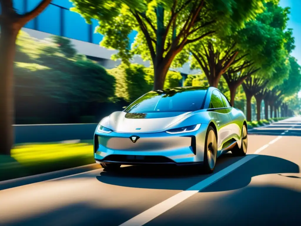 Un vehículo eléctrico moderno y elegante circula por una calle urbana arbolada, reflejando su contribución al medio ambiente
