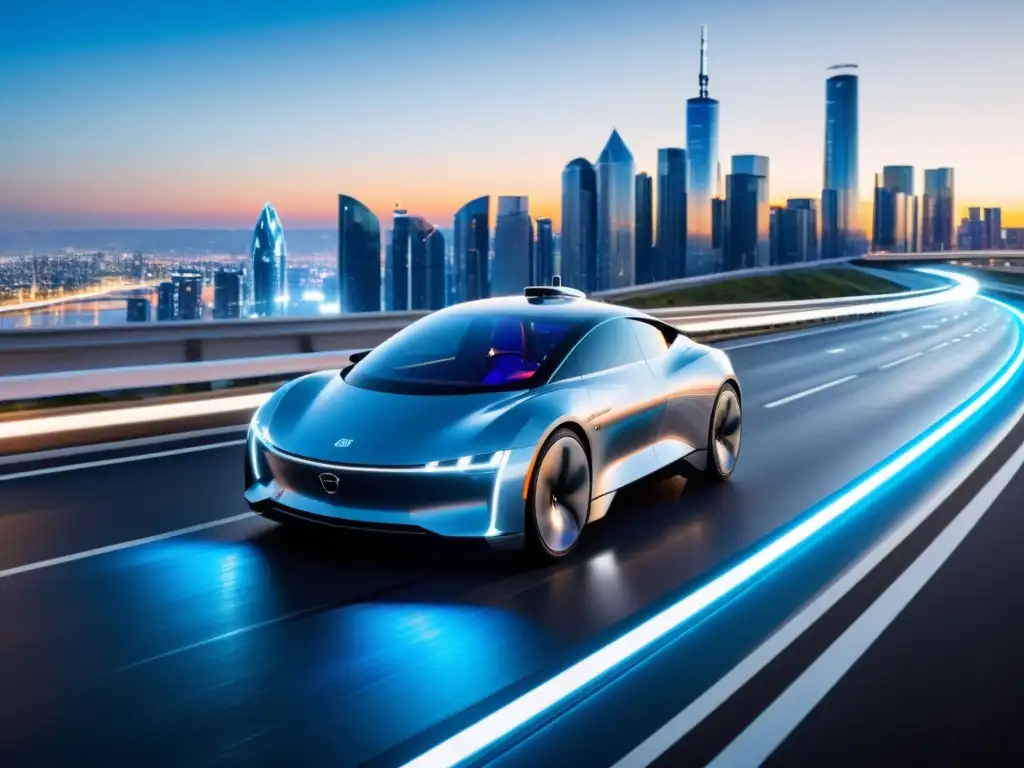 Vehículo autónomo futurista con campo de protección, en carretera con ciudad dinámica al fondo