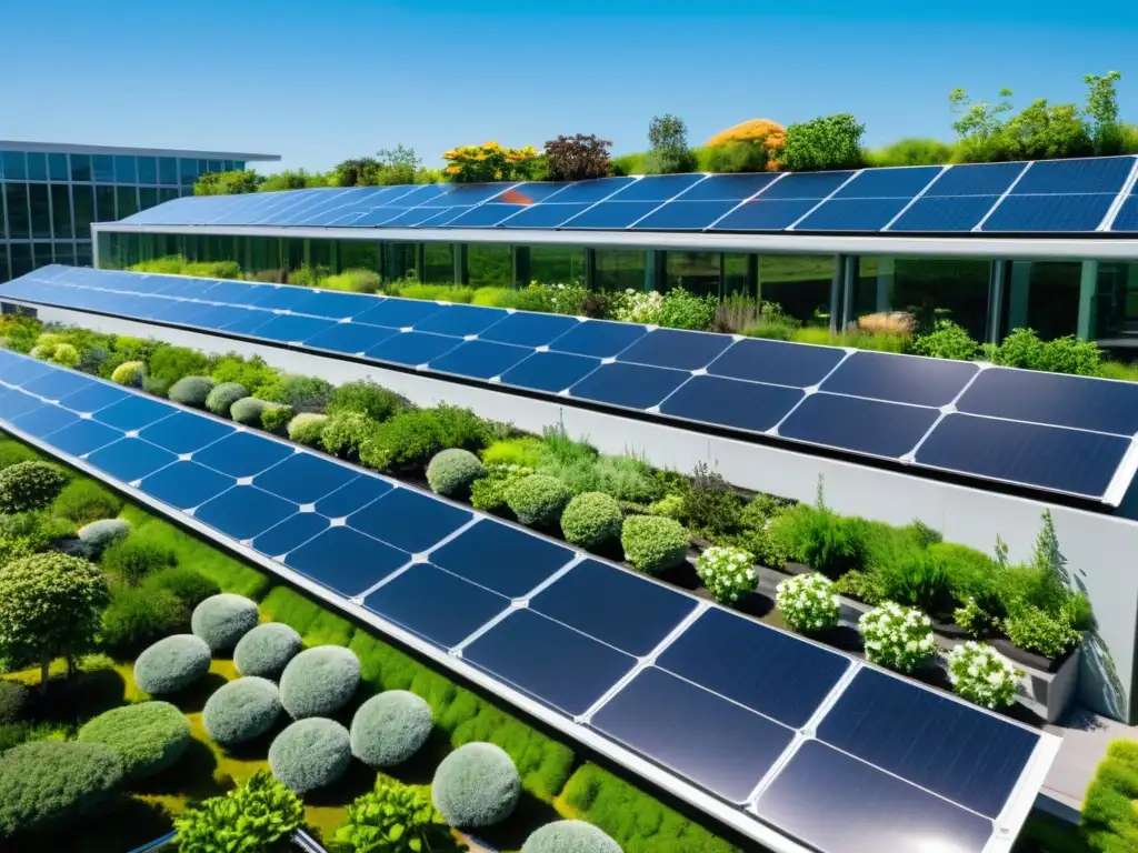 Un jardín verde en la azotea de un moderno edificio de oficinas, con paneles solares