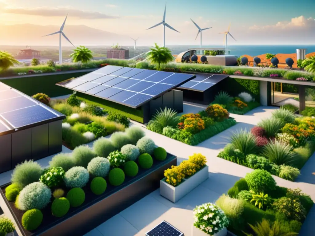 Un jardín verde exuberante en la azotea de un edificio sostenible, con paneles solares y turbinas eólicas al fondo