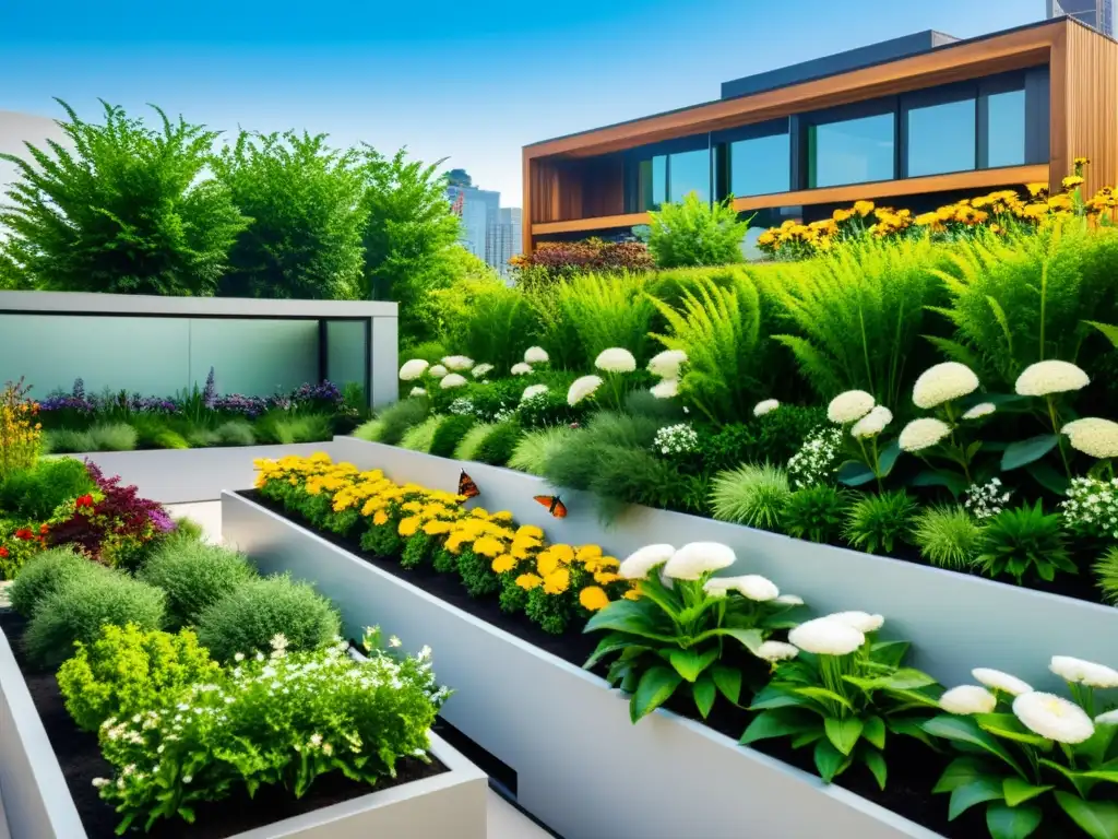 Un jardín verde exuberante en la azotea de un edificio urbano moderno, con mariposas revoloteando y abejas entre las flores