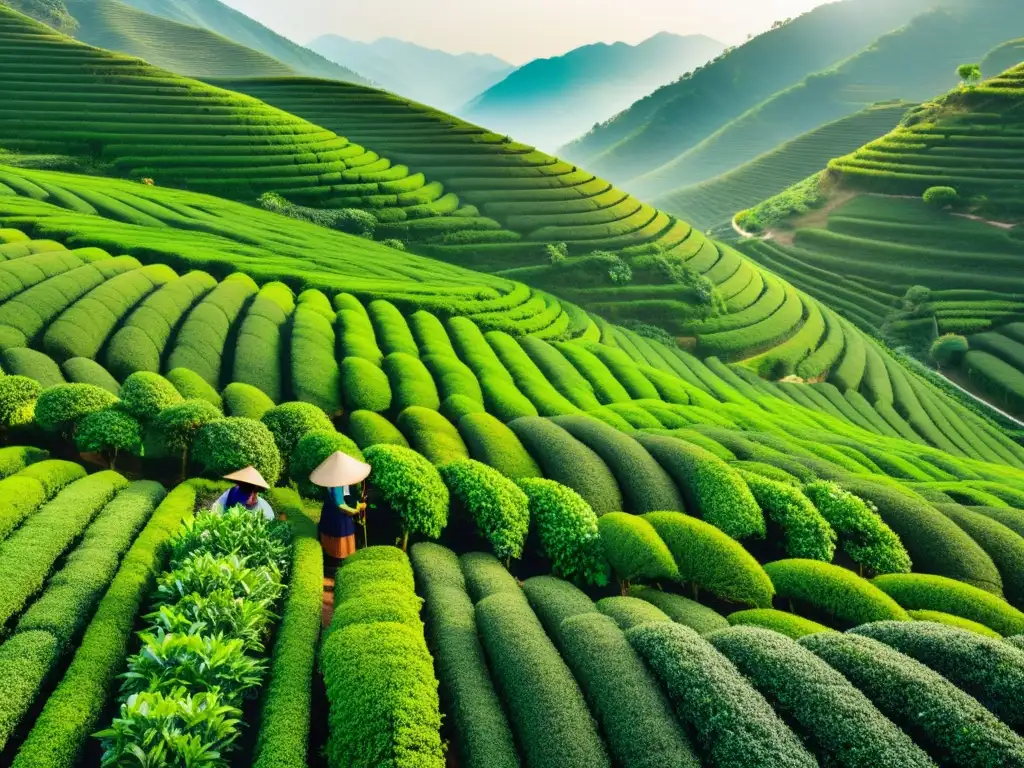 Plantación de té verde exuberante en las colinas de China, con trabajadores protegiendo indicaciones geográficas propiedad intelectual