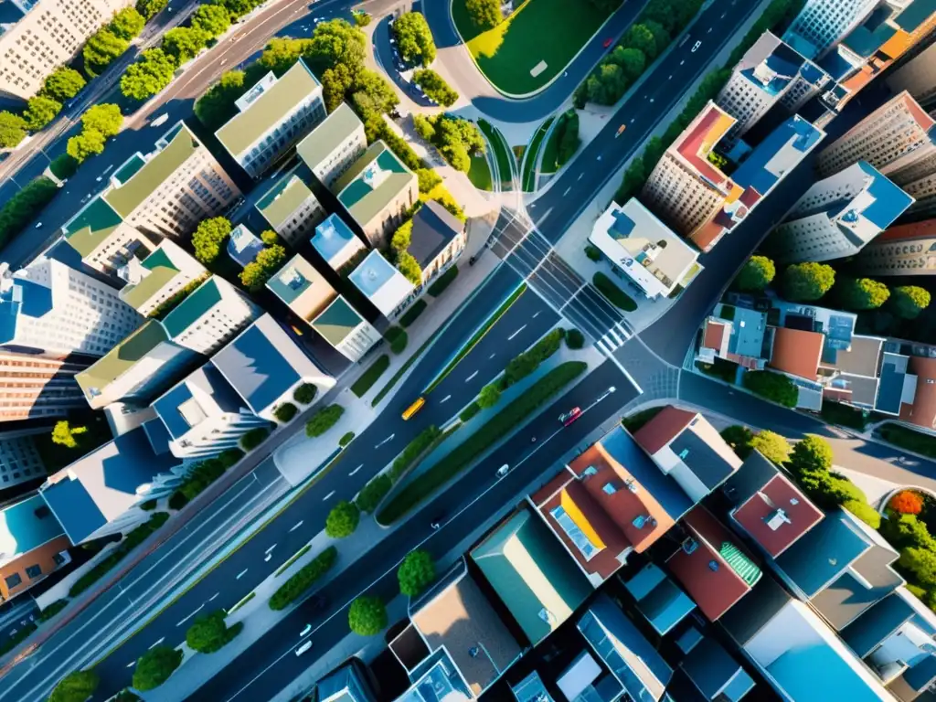 Vibrante fotografía aérea de una bulliciosa ciudad, mostrando detalles urbanos y patrones dinámicos