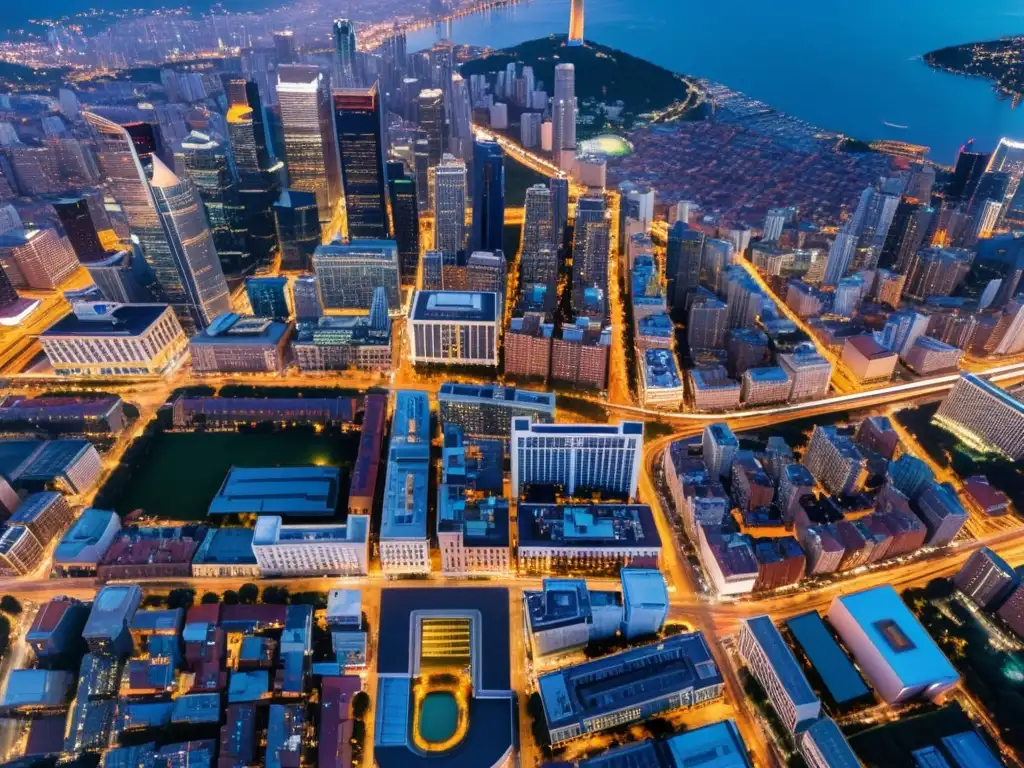 Vibrante fotografía aérea de ciudad al atardecer, con luces brillantes y rascacielos