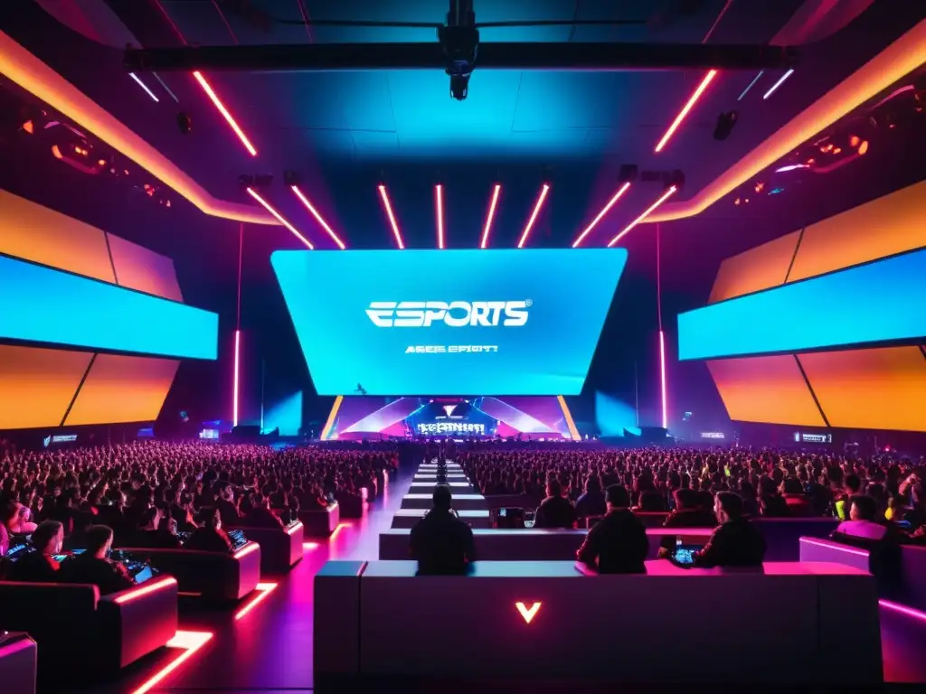 Vibrante arena de eSports con fans emocionados, jugadores profesionales y equipos de alta tecnología, generando una atmósfera hightech