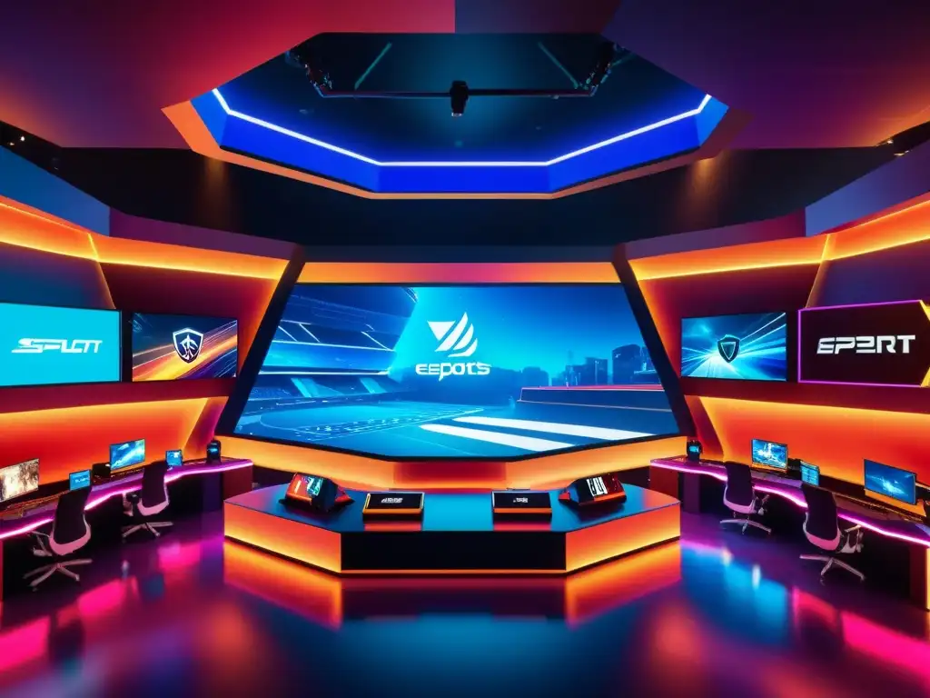 Vibrante arena de eSports futurista con gamers profesionales compitiendo, luces LED y tecnología avanzada