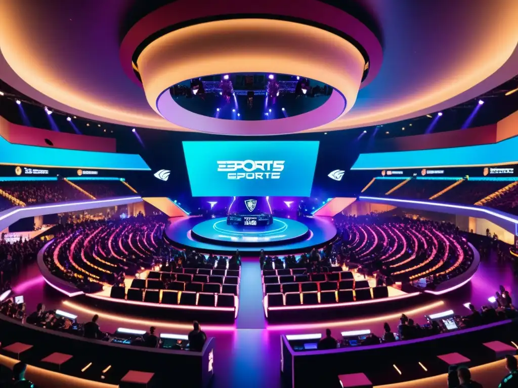 Vibrante arena de eSports futurista con equipos profesionales compitiendo, rodeados de luz neón y hologramas