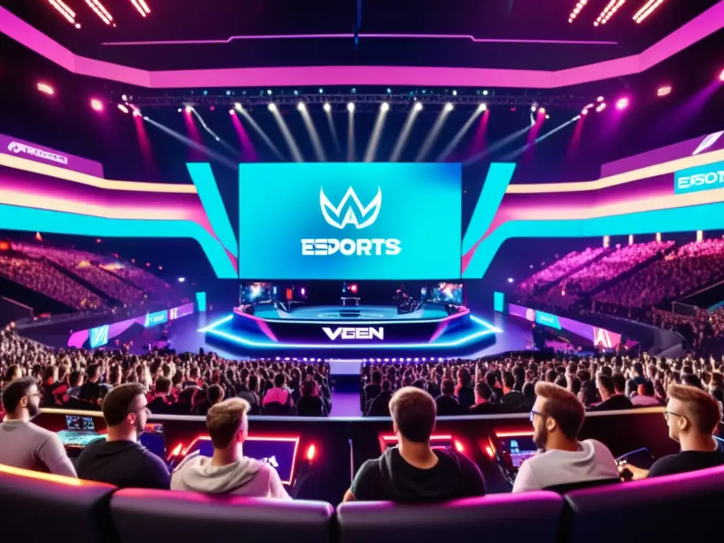 Vibrante arena de eSports con hologramas y multitud emocionada, destacando la protección propiedad intelectual eSports