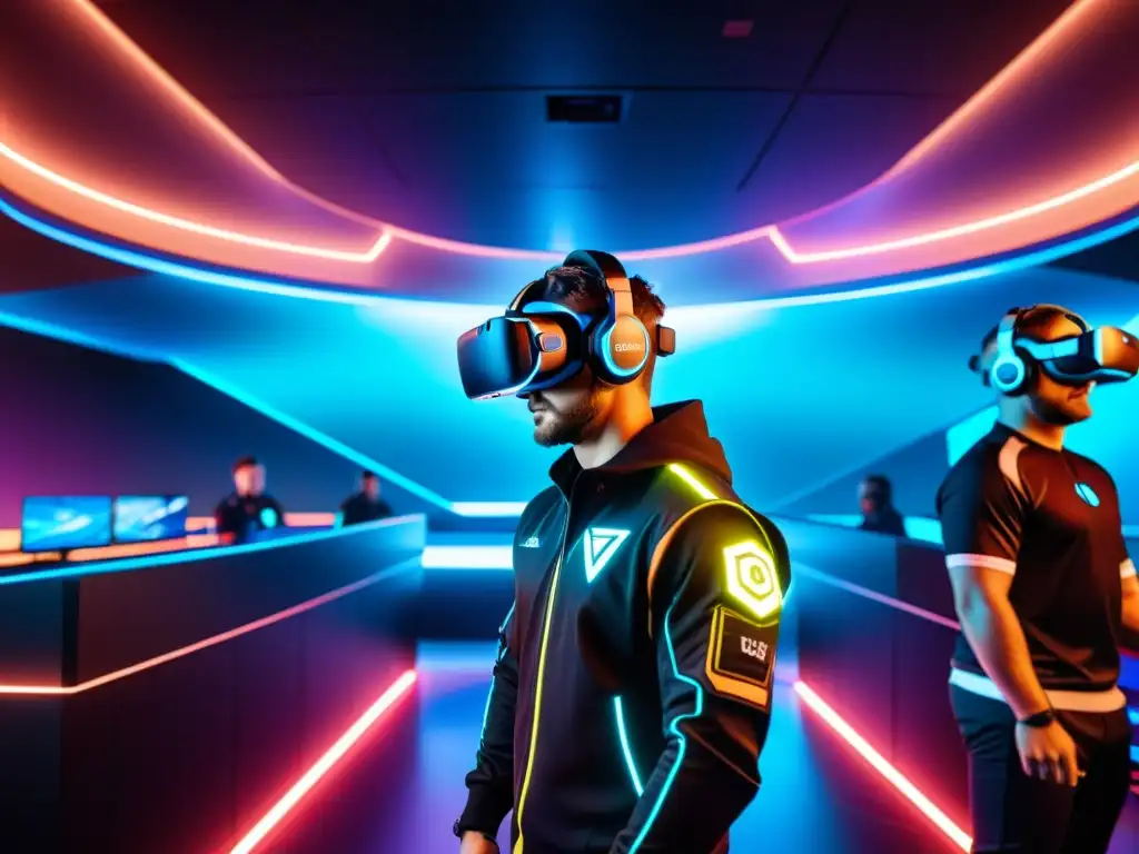 Vibrante arena de eSports en realidad virtual, con tecnología avanzada y paisaje digital dinámico