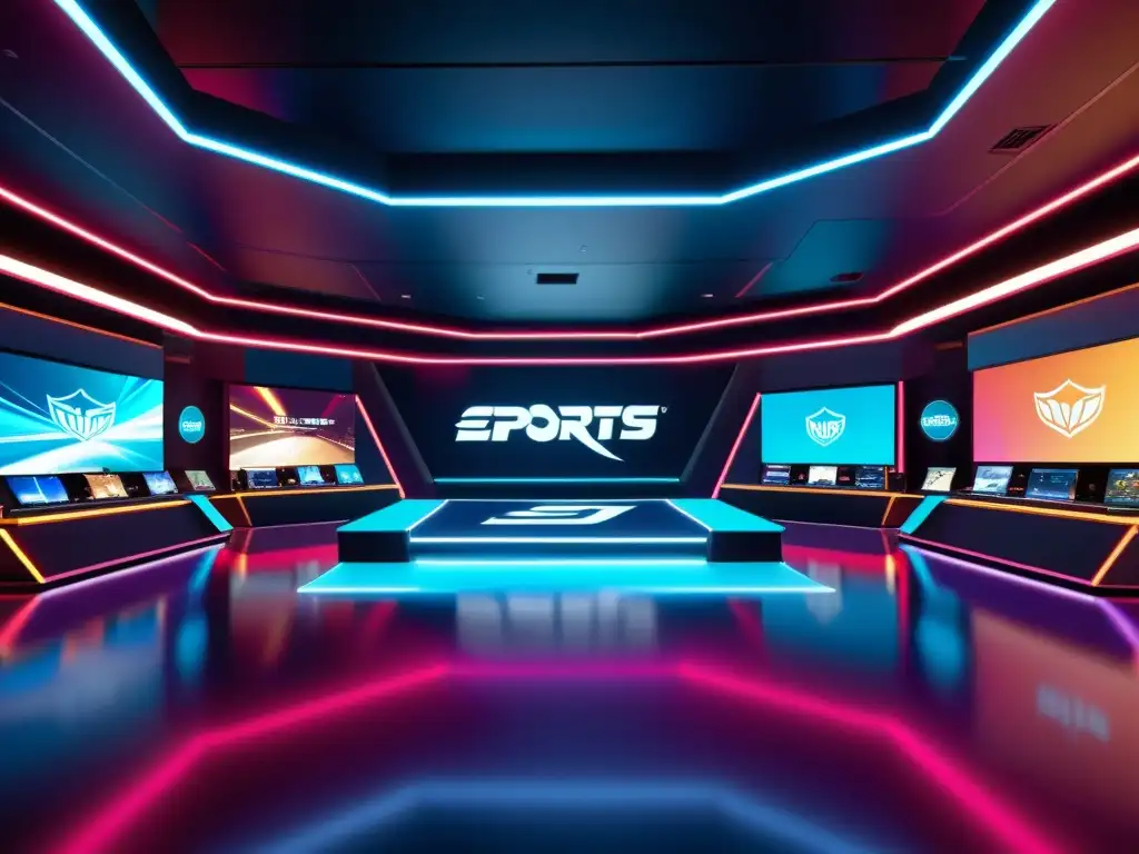 Vibrante arena virtual con protección marcas equipos eSports y emocionante competencia futurista