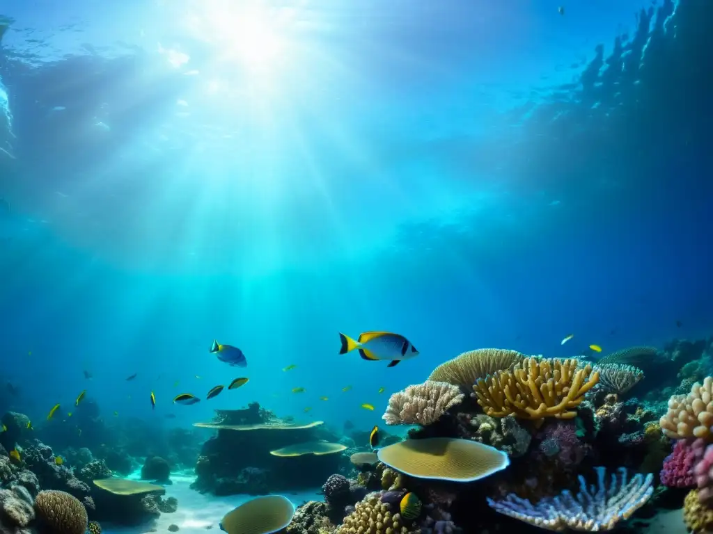 Vibrante arrecife de coral con biodiversidad marina y rayos de sol, resaltando la importancia de patentes para conservación de océanos